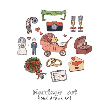 Evlilik çizilmiş karalama seti. Beyaz arka planda izole elementler. Sembol koleksiyonu.