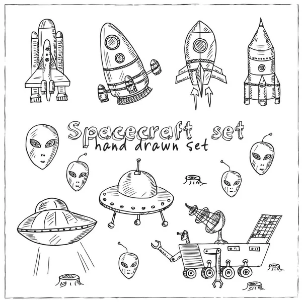 Spacecraft handgetekende doodle set. Vector illustratie. Geïsoleerde elementen op witte achtergrond. Verzameling van symbolen. — Stockvector