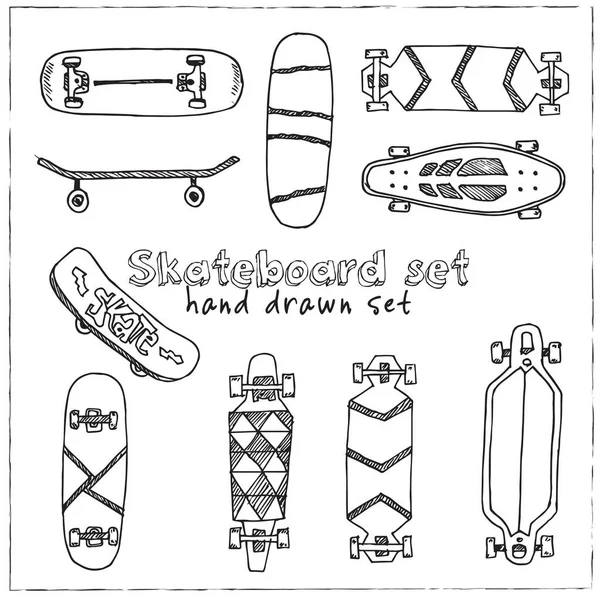 Skateboard handritade doodle set. Vektorillustration. Isolerade element på vit bakgrund. Symbol samling. — Stock vektor