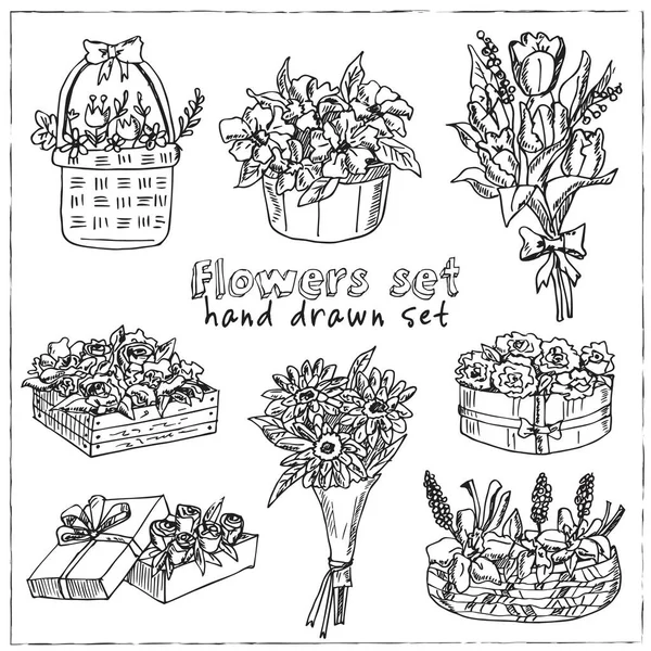 Virágok kézzel rajzolt firka készlet. Vektor illusztráció. Elszigetelt elemek fehér háttérrel. Szimbólumgyűjtemény. — Stock Vector