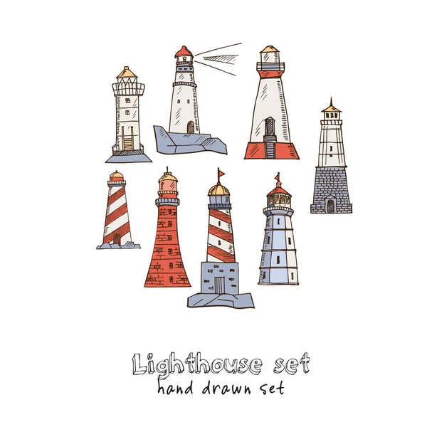 Lighthouse hand drawn doodle set. Isolated elements on white background. Symbol collection.
