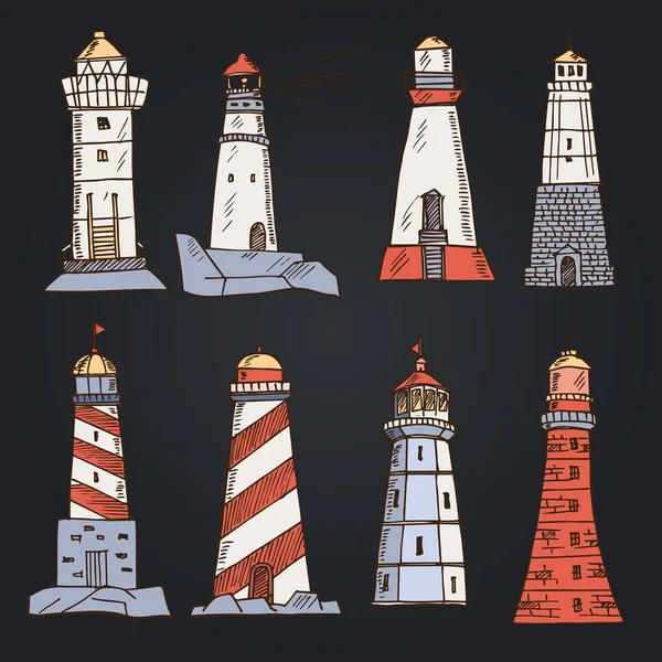 Lighthouse ručně kreslené čmáranice set. Izolované prvky na bílém pozadí. Kolekce symbolů. — Stockový vektor