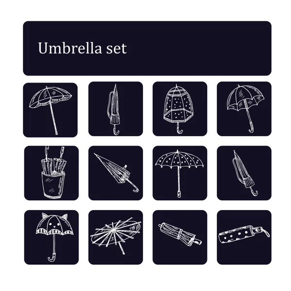 Esernyő kézzel rajzolt firka készlet. Vektor illusztráció. Elszigetelt elemek fehér háttérrel. Szimbólumgyűjtemény. — Stock Vector