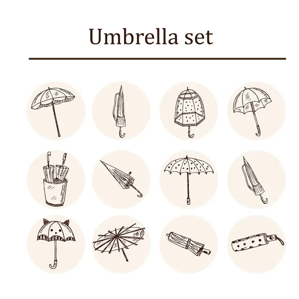 Esernyő kézzel rajzolt firka készlet. Vektor illusztráció. Elszigetelt elemek fehér háttérrel. Szimbólumgyűjtemény. — Stock Vector