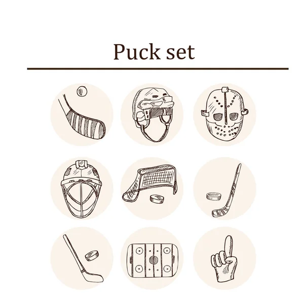 Puck handgezeichnetes Doodle Set. Vereinzelte Elemente auf weißem Hintergrund. Symbolsammlung. — Stockvektor