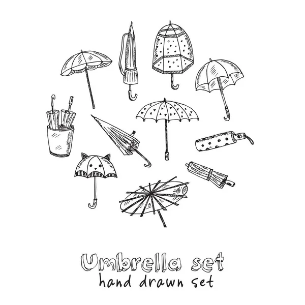 Umbrellas handritade klotter. Vektorillustration. Isolerade element på vit bakgrund. Symbol samling. — Stock vektor