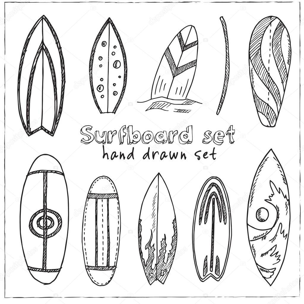 Surfboard hand drawn doodle set. Isolated elements on white background. Symbol collection.