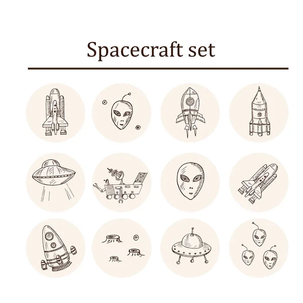 Spacecraft handgetekende doodle set. Vector illustratie. Geïsoleerde elementen op witte achtergrond. Verzameling van symbolen. — Stockvector
