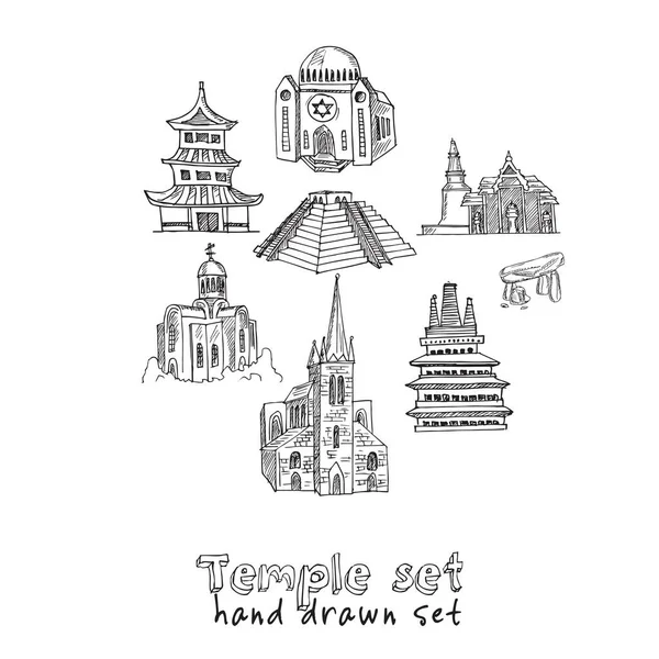 Tempel hand getekend doodle set. Vector illustratie. Geïsoleerde elementen op witte achtergrond. Verzameling van symbolen. — Stockvector