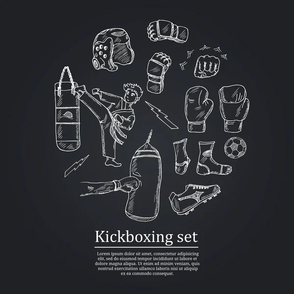 Kickboxing mano dibujado doodle conjunto. Elementos aislados sobre fondo blanco. Colección de símbolos . — Vector de stock