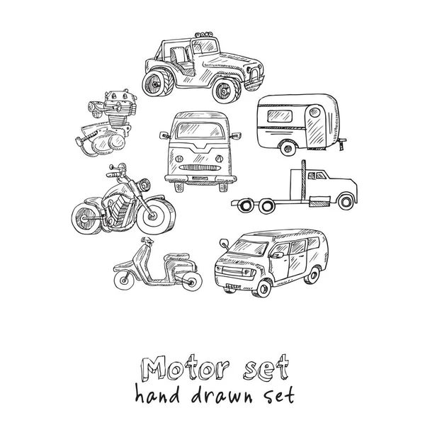 Motore disegnato a mano doodle set. Elementi isolati su sfondo bianco. Collezione di simboli . — Vettoriale Stock