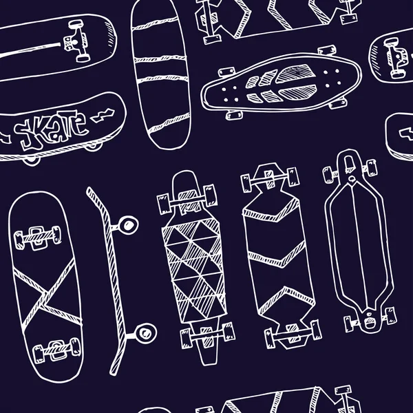 Skateboard handritade klotter sömlöst mönster. Vektorillustration. Isolerade element på vit bakgrund. Symbol samling. — Stock vektor