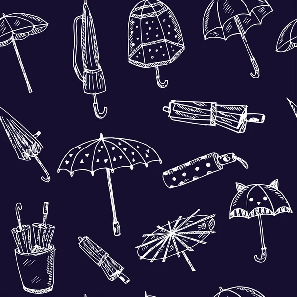 Umbrella hand drawn doodle seamless pattern. Vector illustration. Isolated elements on white background. Symbol collection. — Stock Vector