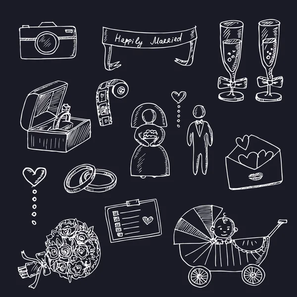 Matrimonio mano disegnato doodle set. Elementi isolati su sfondo bianco. Collezione di simboli . — Vettoriale Stock