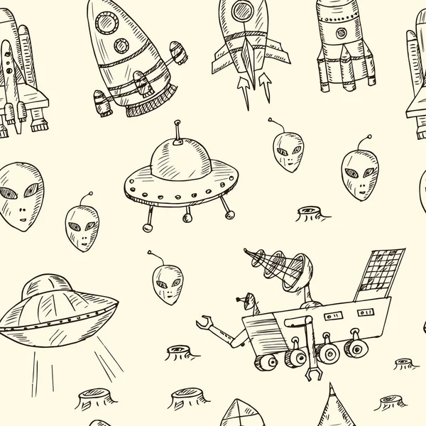 Nave espacial desenhado à mão doodle padrão sem emenda.. Ilustração vetorial. Elementos isolados sobre fundo branco. Colecção de símbolos . — Vetor de Stock