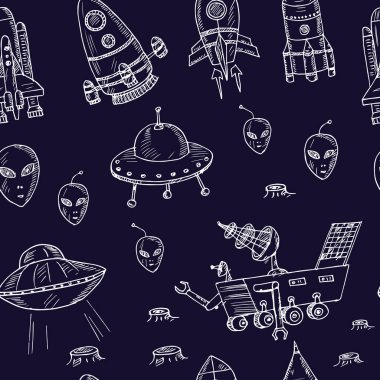 Uzay aracının çizdiği çizim kusursuz desen vektör illüstrasyonu. Beyaz arka planda izole elementler. Sembol koleksiyonu.