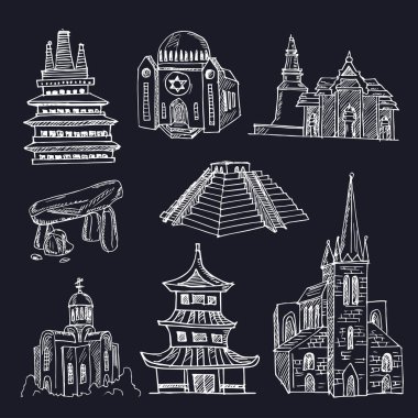 Tapınak el karalama seti. Vektör çizimi. Beyaz arka planda izole elementler. Sembol koleksiyonu.