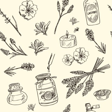 Lavantalı el çizimi kusursuz desen. Beyaz arka planda izole elementler. Sembol koleksiyonu.