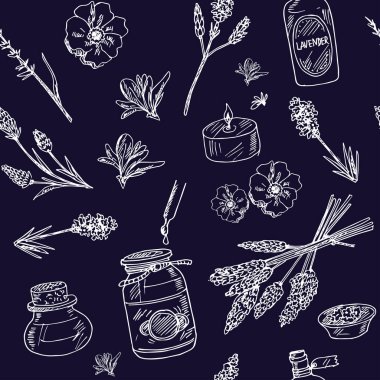 Lavantalı el çizimi kusursuz desen. Beyaz arka planda izole elementler. Sembol koleksiyonu.