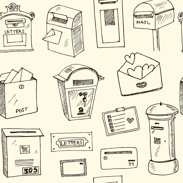 Boîte aux lettres dessin à la main motif sans couture doodle. Eléments isolés sur fond blanc. Collection de symboles . — Image vectorielle