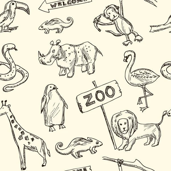 Zoo hand drawn doodle seamless pattern. Vector illustration. Isolated elements on white background. Symbol collection. — Stock Vector