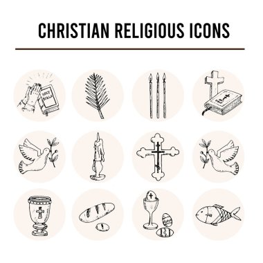 Geleneksel Hıristiyanlık dini sembolleri izole edilmiş el çizimi taşıyıcı set