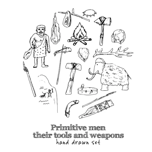 Первісні чоловіки з інструментами та зброєю ізольовані ручні мальовані каракулі Векторний набір — стоковий вектор