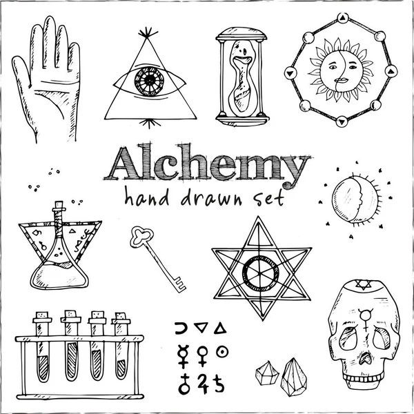 Alchemie geïsoleerde hand getekende doodles Vector set — Stockvector