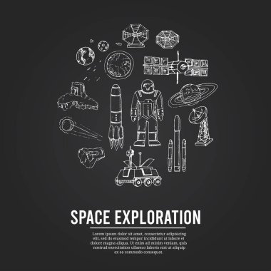 Uzay keşfi izole edilmiş el çizimi vektör kümesi