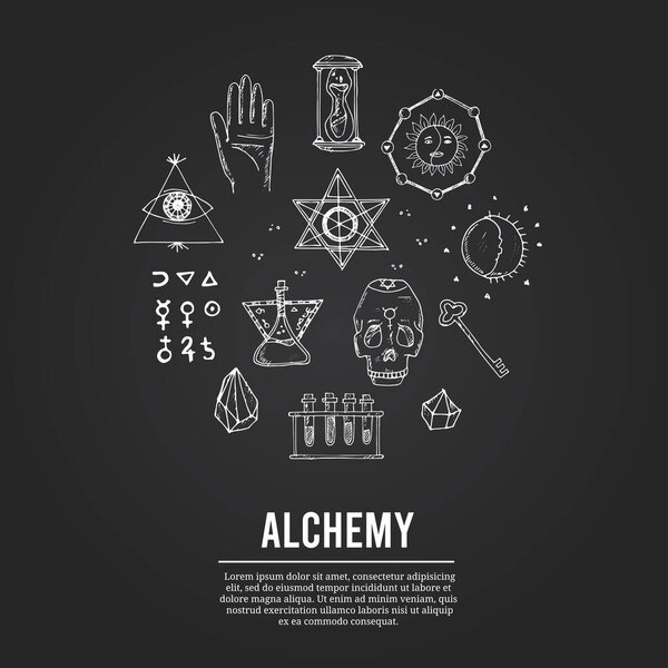 Alchemy isolated hand drawn doodles Vector set