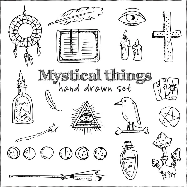 Coisas místicas mão isolada desenhado doodles Conjunto vetorial —  Vetores de Stock