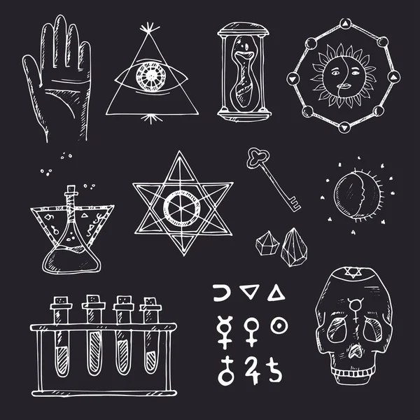 Alchemy isolated hand drawn doodles Vector set — Stock Vector