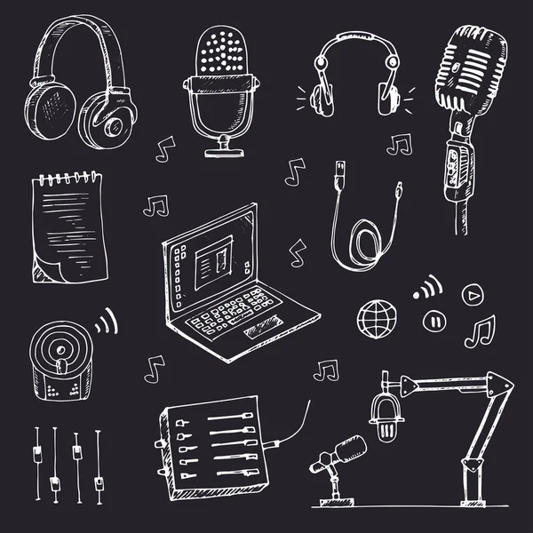 Podcast isolated hand drawn doodles Vector set — Stock Vector