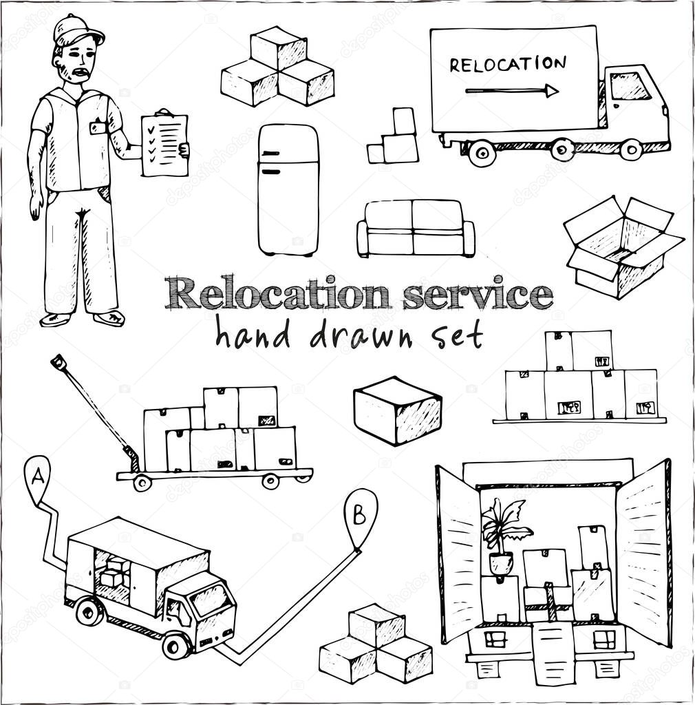 Relocation service isolated hand drawn doodles Vector set