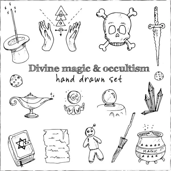 Goddelijke magie en occultisme geïsoleerde hand getekende doodles Vector set — Stockvector