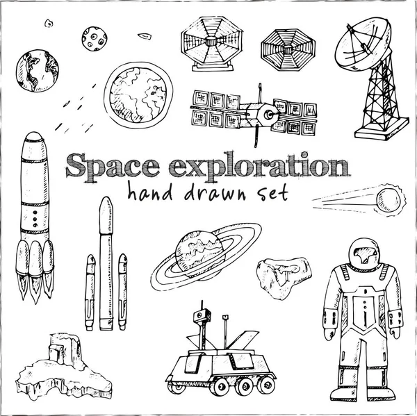 Weltraumforschung isoliert handgezeichnete Doodles Vektor-Set — Stockvektor