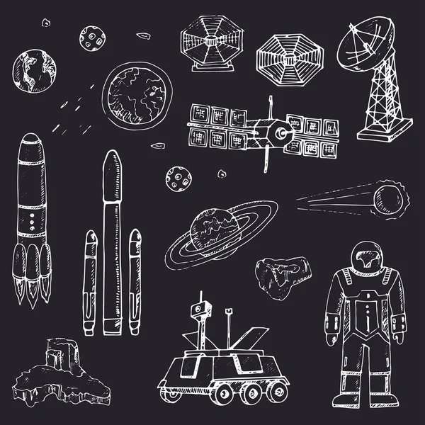 Weltraumforschung isoliert handgezeichnete Doodles Vektor-Set — Stockvektor