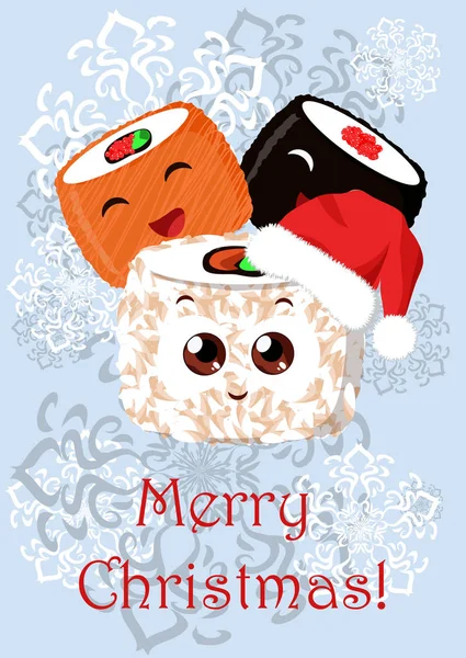 Greeting Christmas illustration with the image of sushi Stock Vector