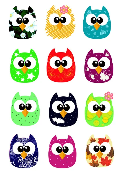Set of funny cartoon owls, game style Vector Graphics