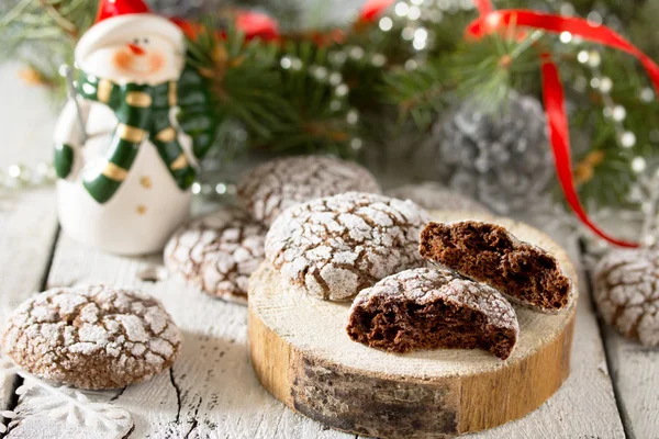 Christmas chocolate mint cookies on a wooden background.