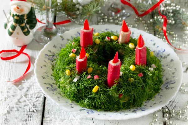 Traditional Russian salad with rice and crab sticks. Winter Chri — Stock Image Traditional Russian salad with rice and crab sticks. Winter Chri Royalty Free Stock Photos
