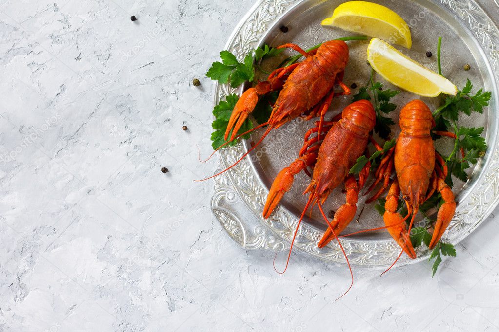 Boiled crawfish, lemon and parsley on a concrete background. Foo