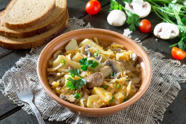 Sauerkraut with mushrooms, meat and tomato sauce with fresh vege — Stock Photo, Image