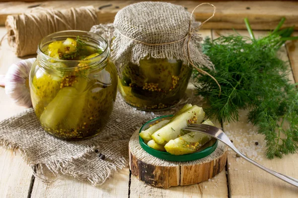 Marinated cucumbers gherkins. Marinated pickles with mustard and — Stock Photo, Image