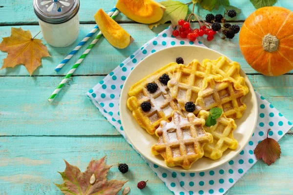 Breakfast table with pumpkin waffles, milk and fresh blackberry — Stock Photo, Image
