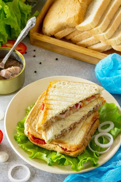 Double sandwich with canned tuna and feta cheese served with let — Stock Photo, Image