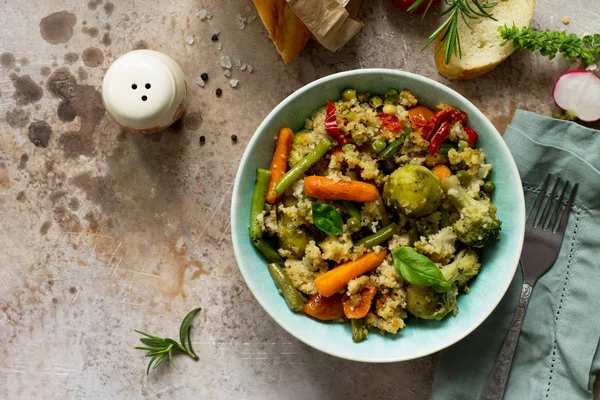 Healthy dietary vegan dish: couscous and vegetables (string bean