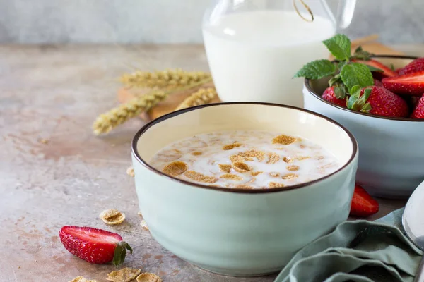 Pequeno-almoço saudável close-up - flocos de cereais integrais, leite e frescos — Fotografia de Stock