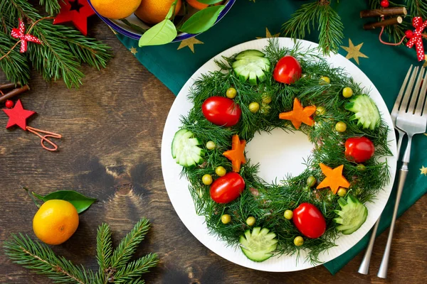 Winter Christmas salad wreath. Delicious Russian traditional sal