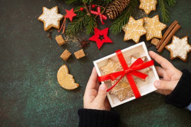 Çocuğun elinde Noel kurabiyesi pişirmek gibi bir hediye var. Culinar